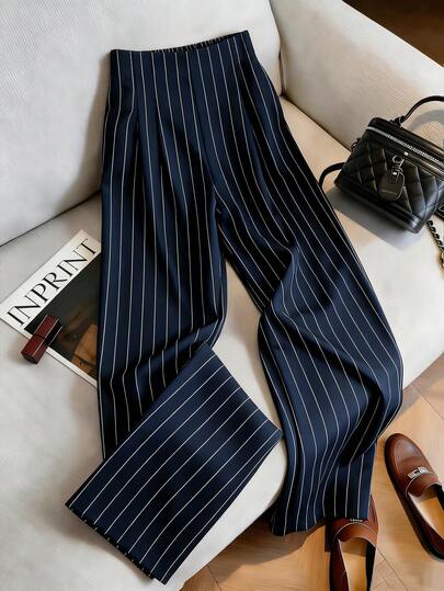 SHEIN Franclia Women's High Waist Navy Blue White Striped Pants, Autumn Business Casual Elegant Office, Elastic Waistband, Woven Side Panels Teachers' Day